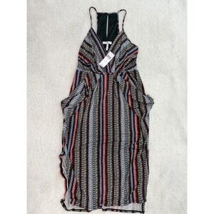 BCBGeneration Blue Brown Striped Midi Dress Pockets Draped Stretch Size M